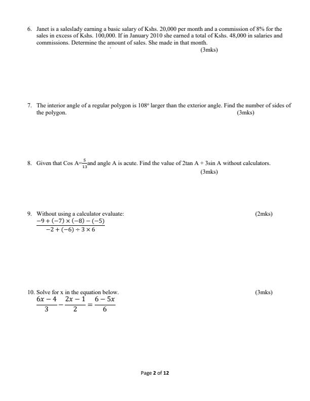 Page 2 – Form 3 Mathematics August 2024 Holiday Assignment – Kenyaplex