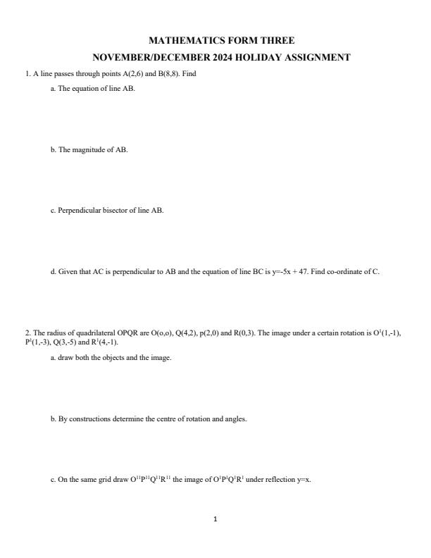 Page 1 – Form 3 Mathematics December 2024 Holiday Assignment – Kenyaplex