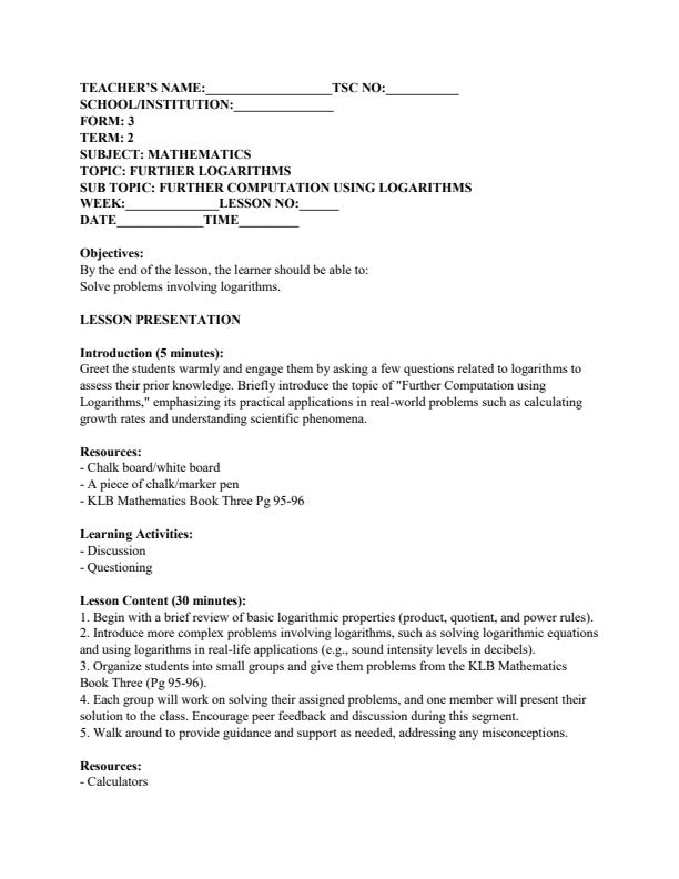 Page 1 – Form 3 Mathematics Lesson Plans Term 2 – Kenyaplex