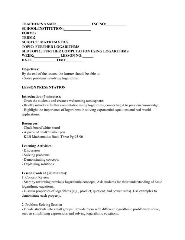 Page 5 – Form 3 Mathematics Lesson Plans Term 2 – Kenyaplex