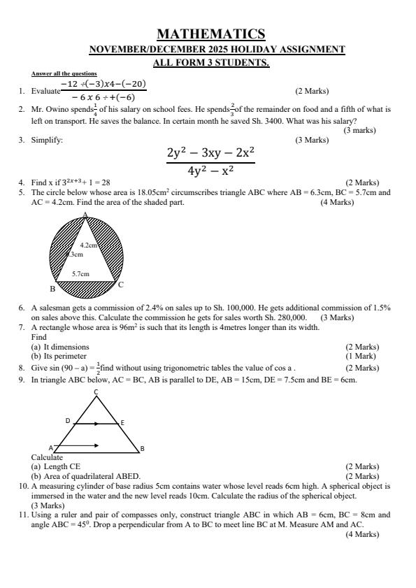 Page 1 – Form 3 Mathematics November/December 2025 Holiday Assignment – Kenyaplex