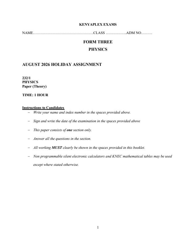 Page 1 – Form 3 Physics August 2026 Holiday Assignment – Kenyaplex