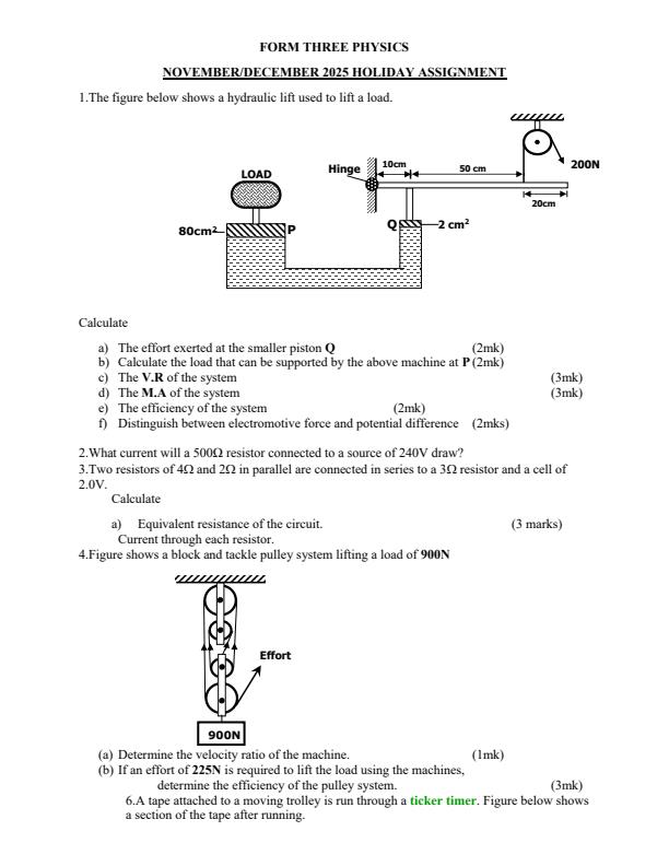 Page 1 – Form 3 Physics November/December 2025 Holiday Assignment – Kenyaplex