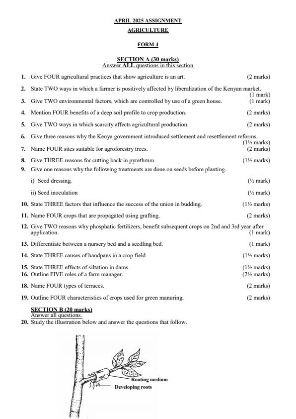 Page 1 – Form 4 Agriculture April 2025 Holiday Assignment – Kenyaplex