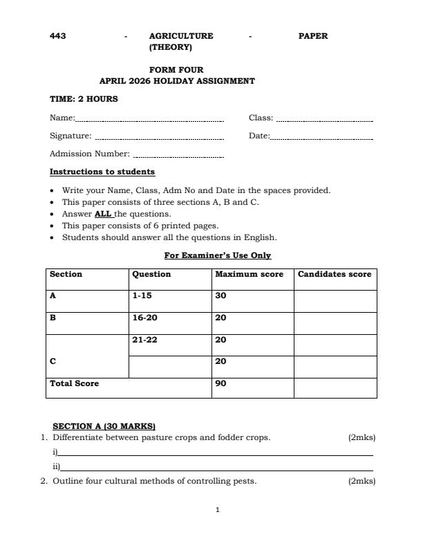 Page 1 – Form 4 Agriculture April 2026 Holiday Assignment – Kenyaplex