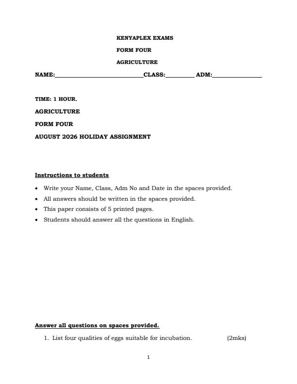 Page 1 – Form 4 Agriculture August 2026 Holiday Assignment – Kenyaplex