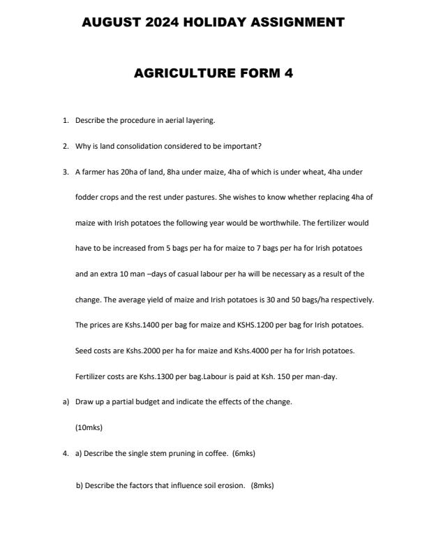 Page 1 – Form 4 Agriculture August Holiday Assignment 2024 – Kenyaplex