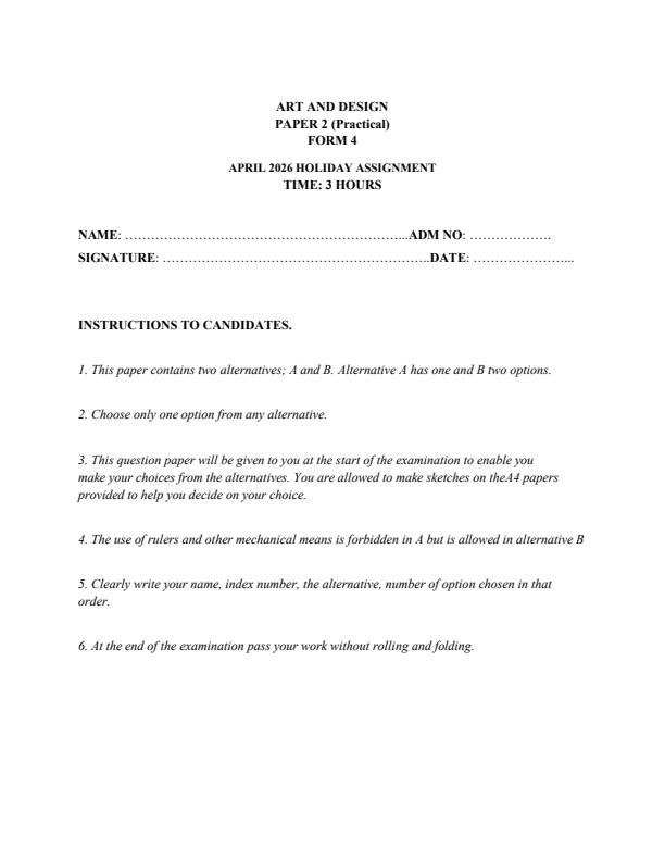 Page 1 – Form 4 Art and Design Paper 2 April 2026 Holiday Assignment – Kenyaplex