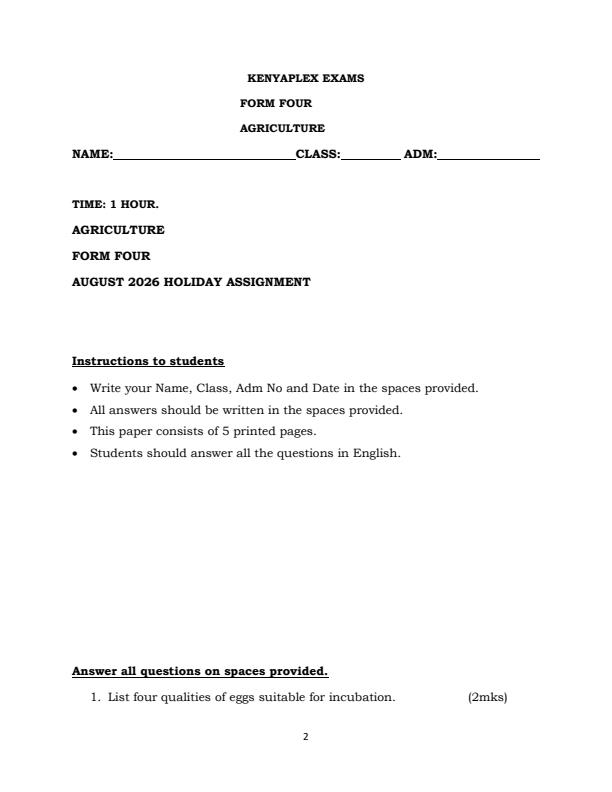 Page 2 – Form 4 August 2026 Holiday Assignment - Full Set – Kenyaplex