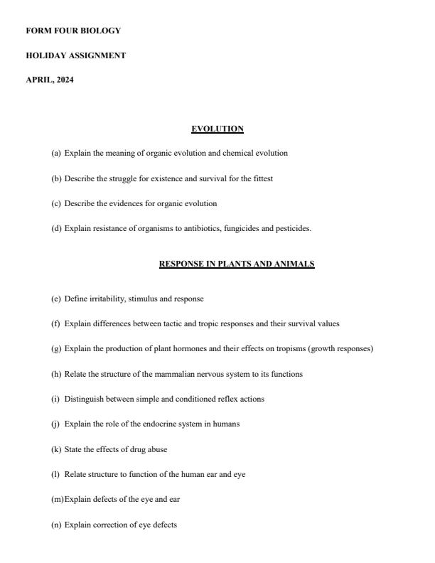 Page 1 – Form 4 Biology April 2024 Holiday Assignment – Kenyaplex