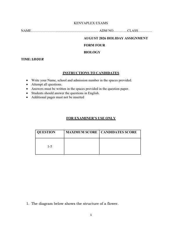 Page 1 – Form 4 Biology August 2026 Holiday Assignment – Kenyaplex