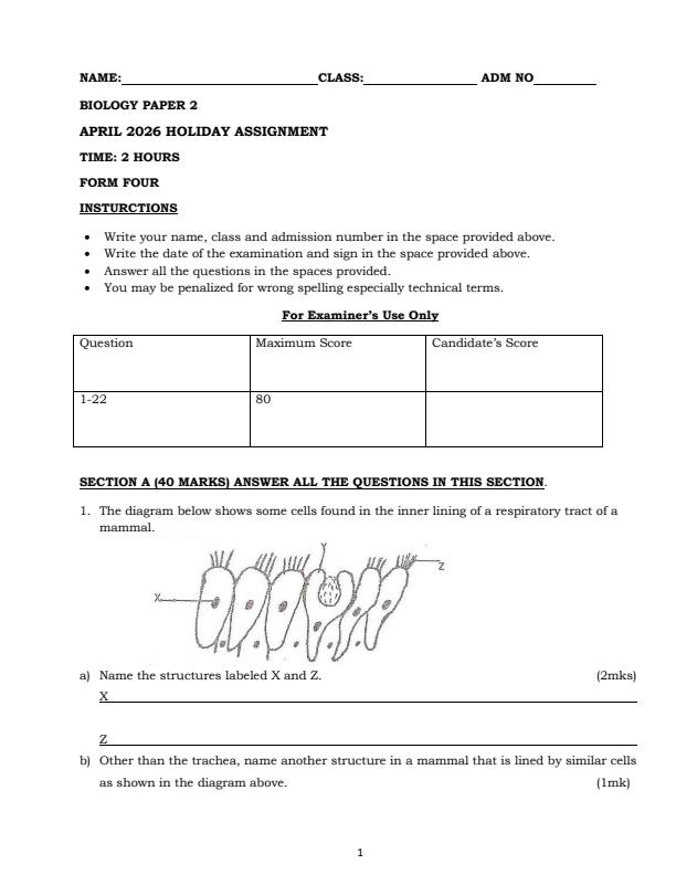 Page 1 – Form 4 Biology Paper 2 April 2026 Holiday Assignment – Kenyaplex