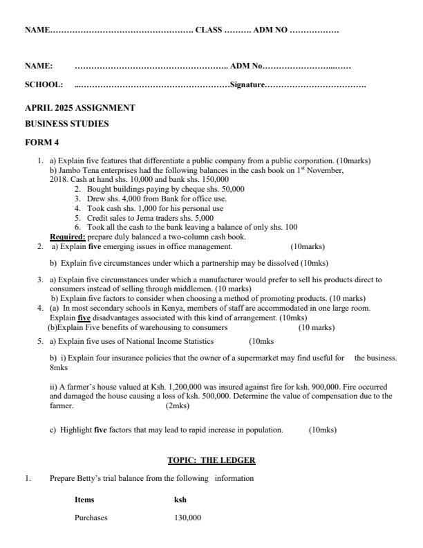 Page 1 – Form 4 Business Studies April 2025 Holiday Assignment – Kenyaplex