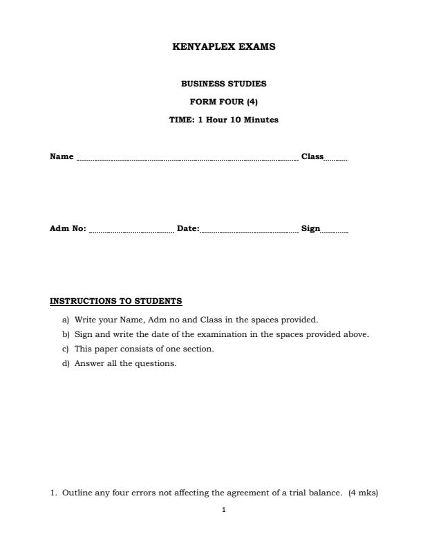 Page 1 – Form 4 Business Studies August 2026 Holiday Assignment – Kenyaplex