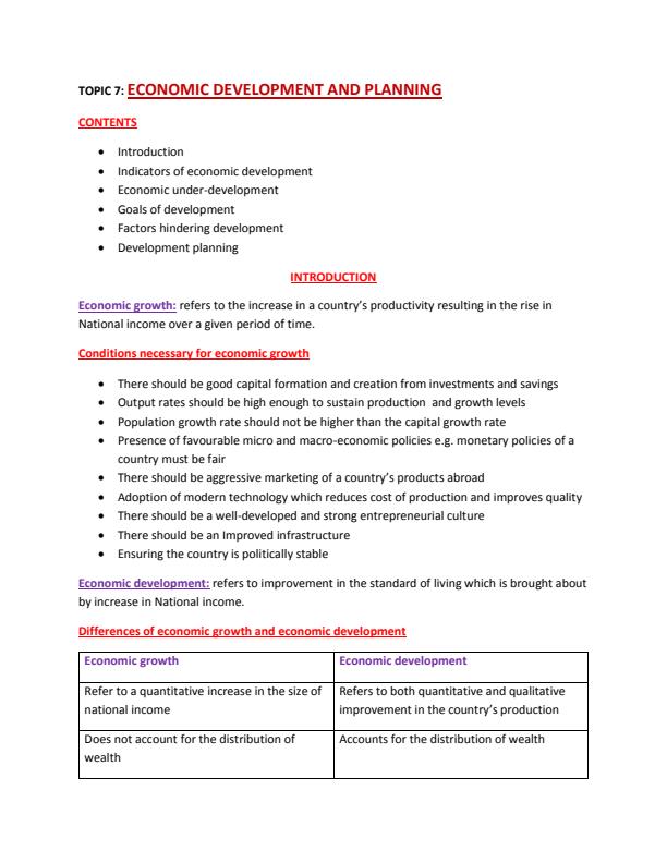 Page 1 – Form 4 Business Studies Notes on Economic Development and Planning – Kenyaplex