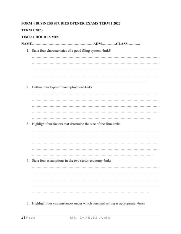 Form 4 Business Studies Opener C.A.T 1 Exams Term 1 2023 13067