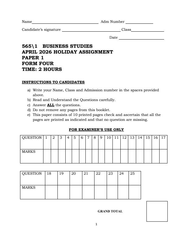 Page 1 – Form 4 Business Studies Paper 1 April 2026 Holiday Assignment – Kenyaplex