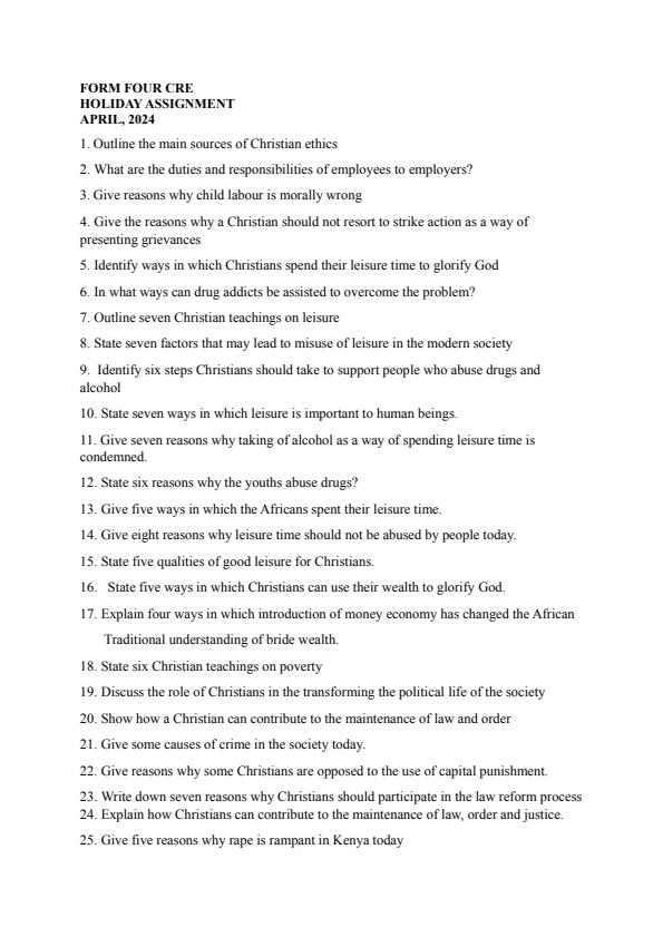 Page 1 – Form 4 CRE April 2024 Holiday Assignment – Kenyaplex