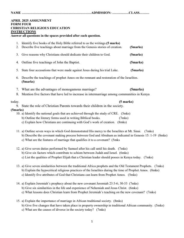 Page 1 – Form 4 CRE April 2025 Holiday Assignment – Kenyaplex