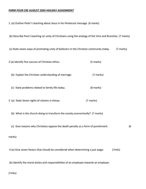 Page 1 – Form 4 CRE August 2024 Holiday Assignment – Kenyaplex