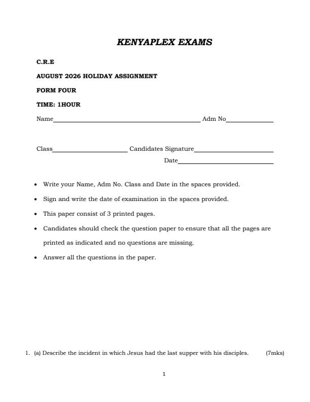 Page 1 – Form 4 CRE August 2026 Holiday Assignment – Kenyaplex