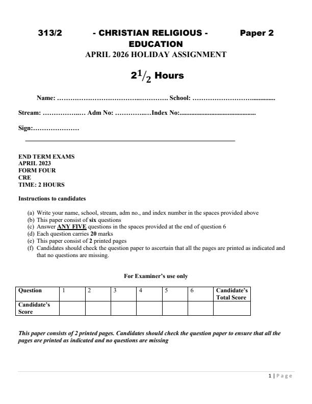Page 1 – Form 4 CRE Paper 2 April 2026 Holiday Assignment – Kenyaplex