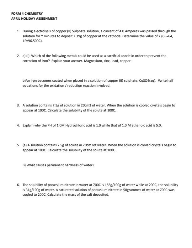 Page 1 – Form 4 Chemistry April Holiday Assignment 2023 – Kenyaplex