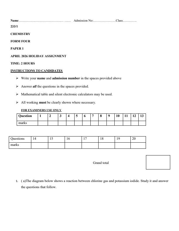Page 1 – Form 4 Chemistry Paper 1 April 2026 Holiday Assignment – Kenyaplex