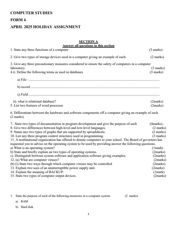 Page 1 – Form 4 Computer Studies April 2025 Holiday Assignment – Kenyaplex