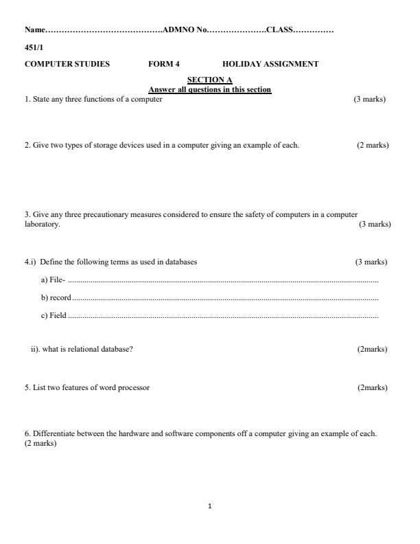 Page 1 – Form 4 Computer Studies April Holiday Assignment 2023 – Kenyaplex