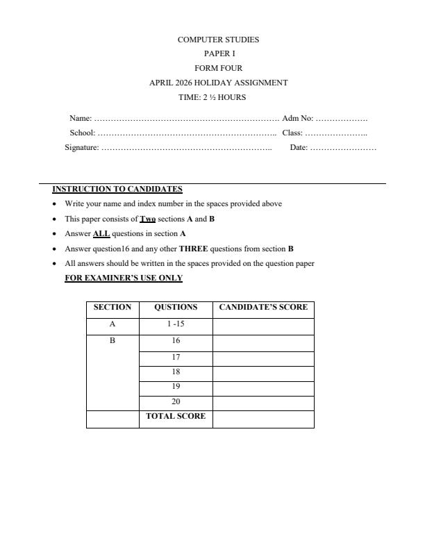 Page 1 – Form 4 Computer Studies Paper 1 April 2026 Holiday Assignment – Kenyaplex