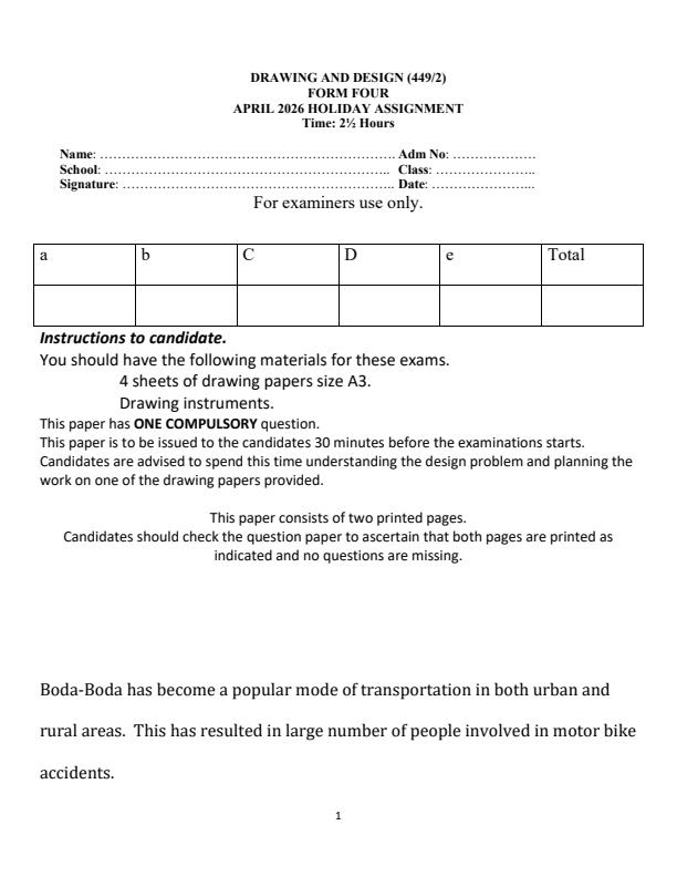 Page 1 – Form 4 Drawing and Design April 2026 Holiday Assignment – Kenyaplex