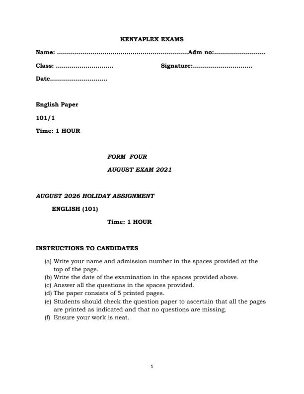 Page 1 – Form 4 English August 2026 Holiday Assignment – Kenyaplex