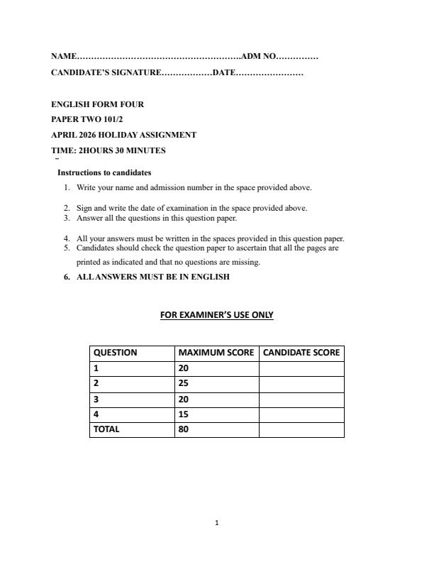 Page 1 – Form 4 English Paper 2 April 2026 Holiday Assignment – Kenyaplex