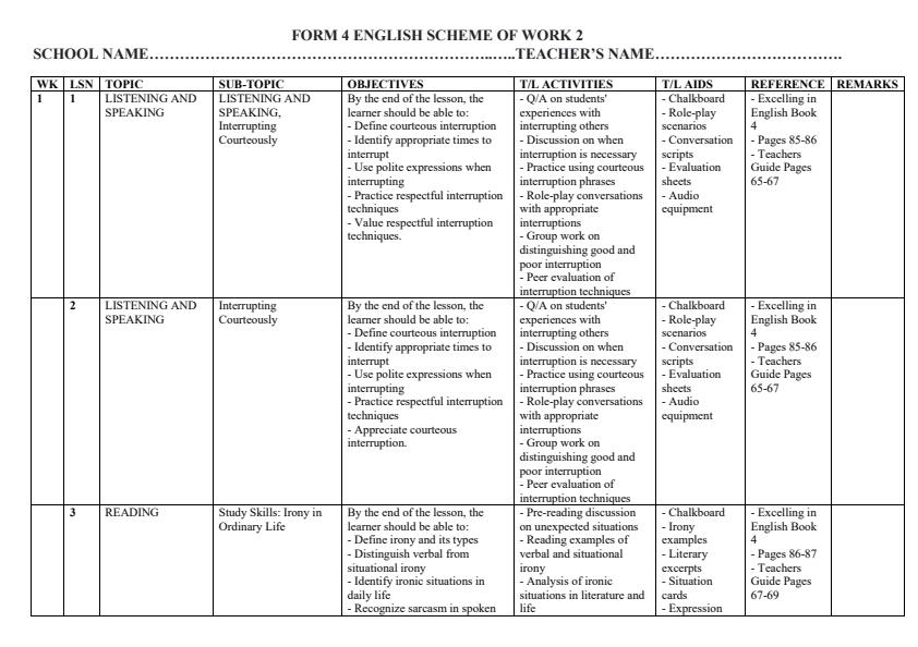 Page 1 – Form 4 English Schemes of Work Term 2 - Excelling in English (With The Samaritan) – Kenyaplex