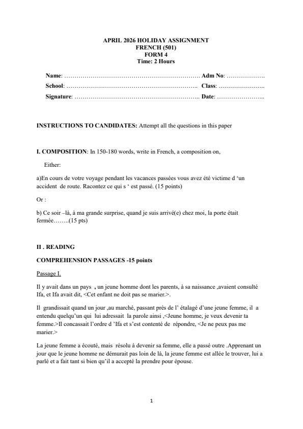 Page 1 – Form 4 French April 2026 Holiday Assignment – Kenyaplex