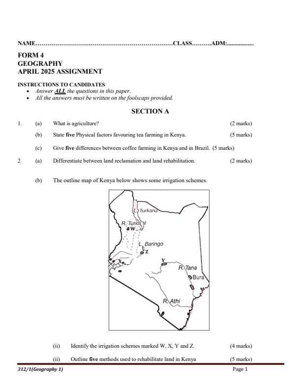 Page 1 – Form 4 Geography April 2025 Holiday Assignment – Kenyaplex