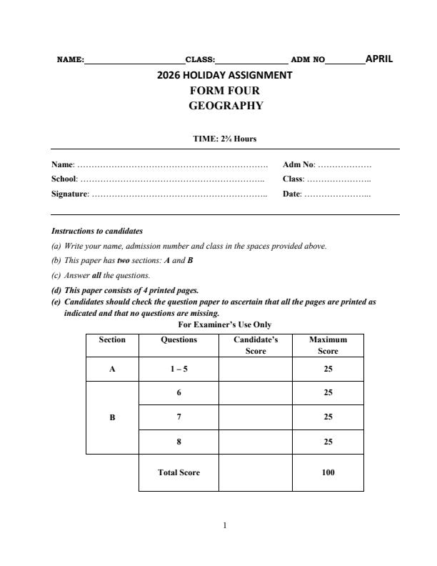 Page 1 – Form 4 Geography April 2026 Holiday Assignment – Kenyaplex