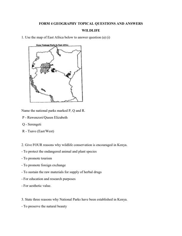 Form 4 Geography Topical Questions and Answers on Wildlife 16145