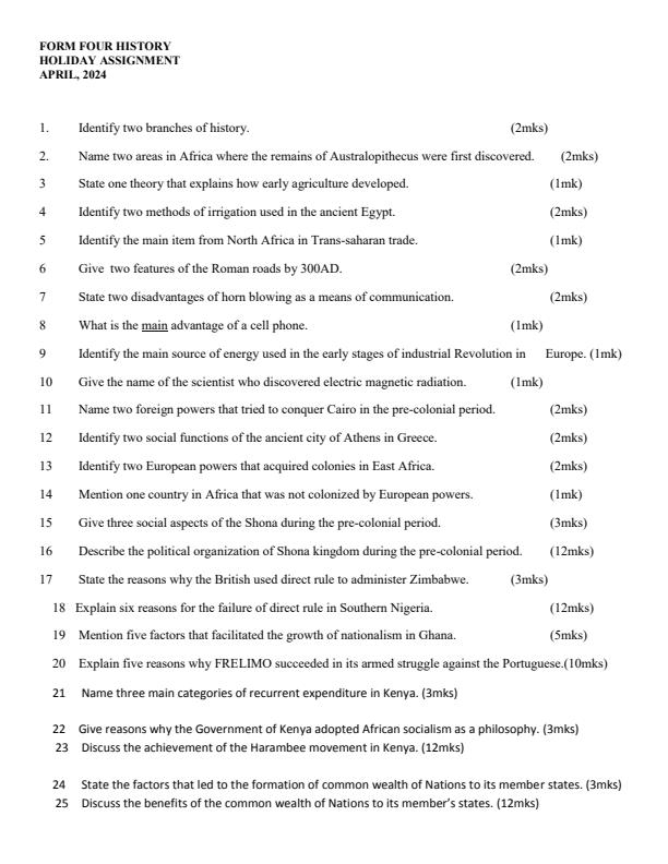 Page 1 – Form 4 History April 2024 Holiday Assignment – Kenyaplex