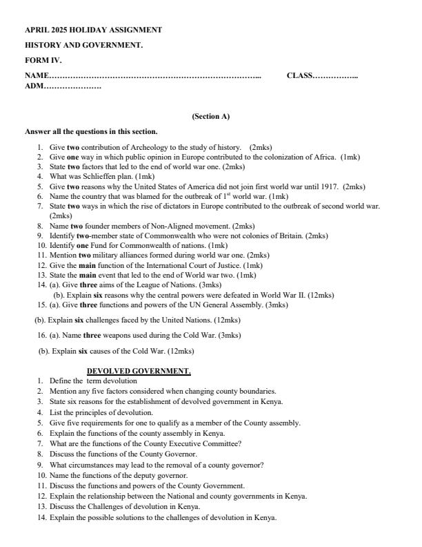 Page 1 – Form 4 History and Government April 2025 Holiday Assignment – Kenyaplex