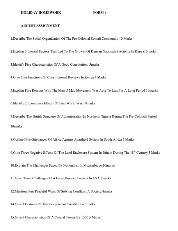 Page 1 – Form 4 History and Government August 2024 Holiday Assignment – Kenyaplex