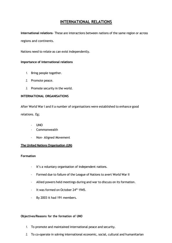 Page 1 – Form 4 History and Government Notes on International Relations – Kenyaplex