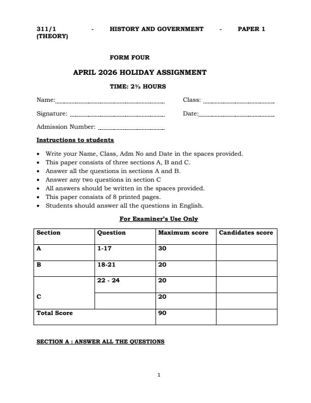 Page 1 – Form 4 History and Government Paper 1 April 2026 Holiday Assignment – Kenyaplex