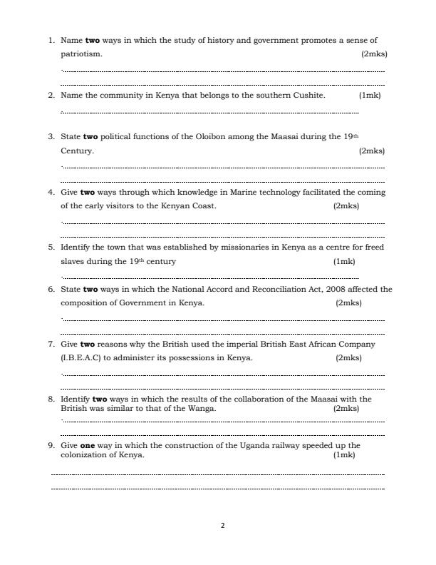 Page 2 – Form 4 History and Government Paper 1 April 2026 Holiday Assignment – Kenyaplex