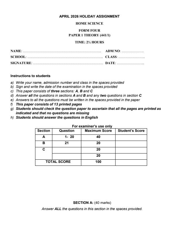 Page 1 – Form 4 Home Science Paper 1 April 2026 Holiday Assignment – Kenyaplex
