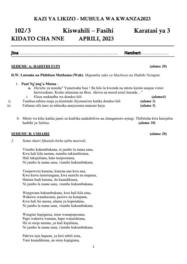 Page 1 – Form 4 Kiswahili April Holiday Assignment 2023 – Kenyaplex