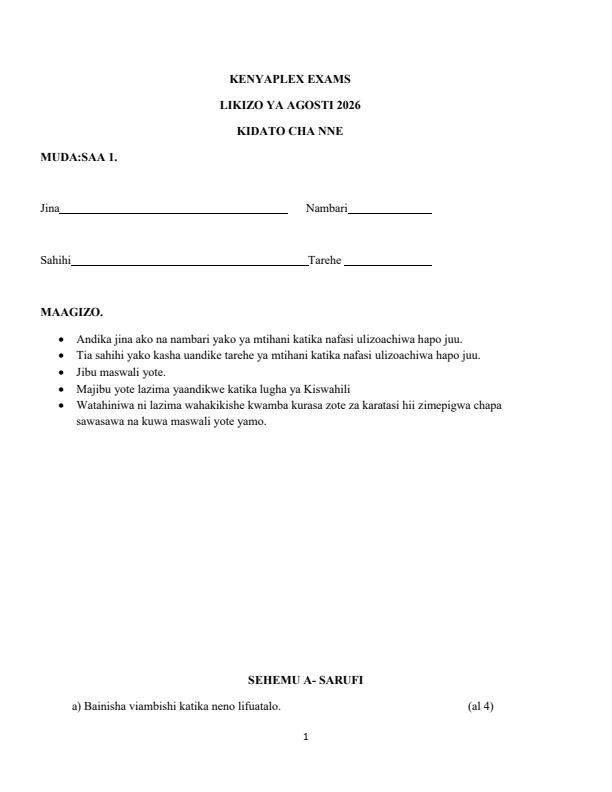 Page 1 – Form 4 Kiswahili August 2026 Holiday Assignment – Kenyaplex