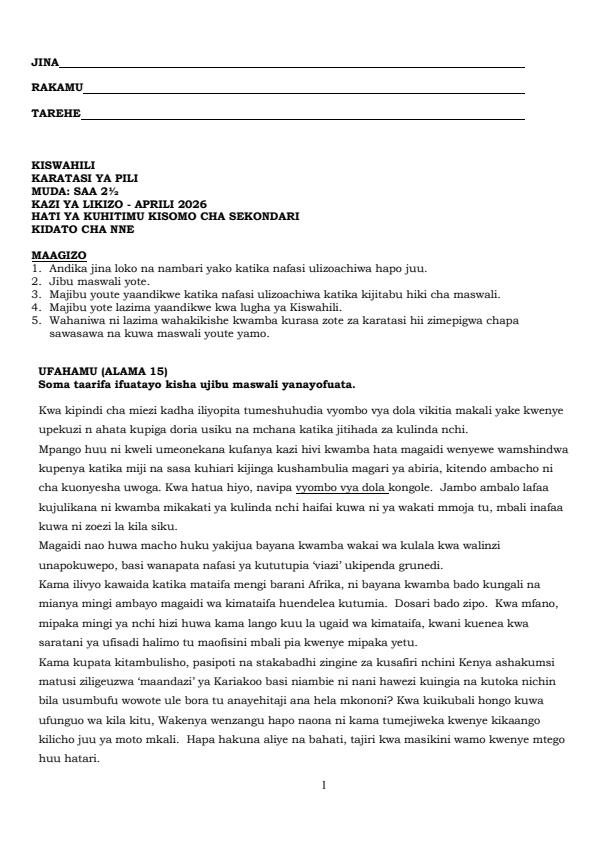 Page 1 – Form 4 Kiswahili Paper 2 April 2026 Holiday Assignment – Kenyaplex