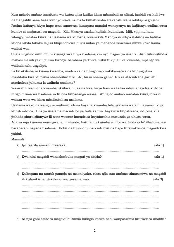 Page 2 – Form 4 Kiswahili Paper 2 April 2026 Holiday Assignment – Kenyaplex